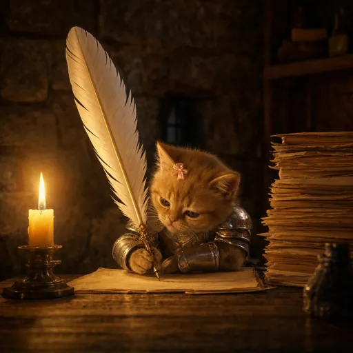 At night the kitten in armour writes with his quill at a wooden desk. A candle burns and a tall stack of pages stands beside him.
